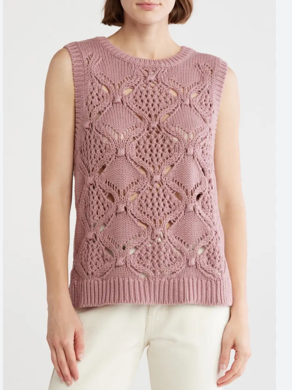 Lucky Brand Diamond Open Knit Dusty Rose Sleeveless Sweater Top size Large